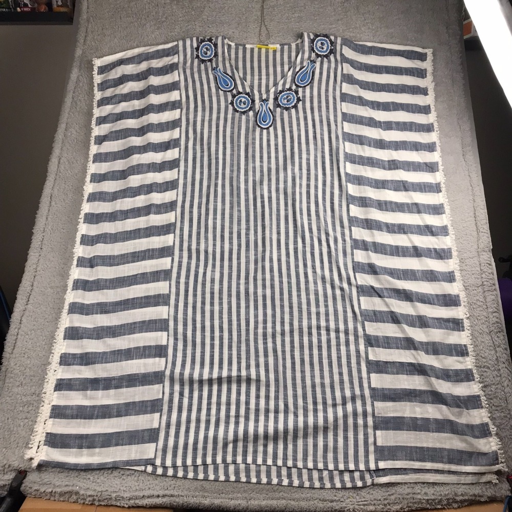 Roberta Roller Rabbit Striped Embroidered Caftan Womens M/L Cotton Beach Tunic